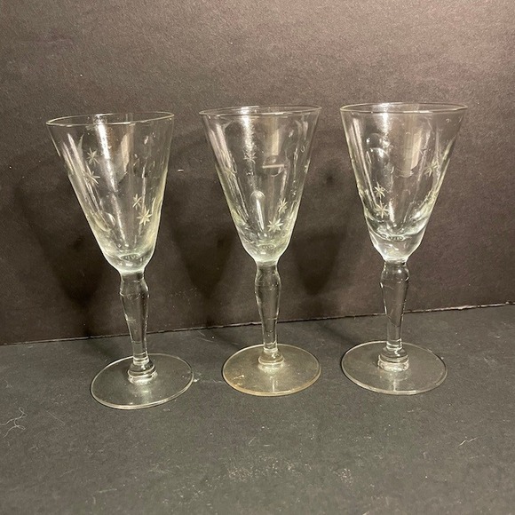 Other - Vintage Wheel Cut Etched Crystal Stemware Starburst Floral Glasses Set of 3